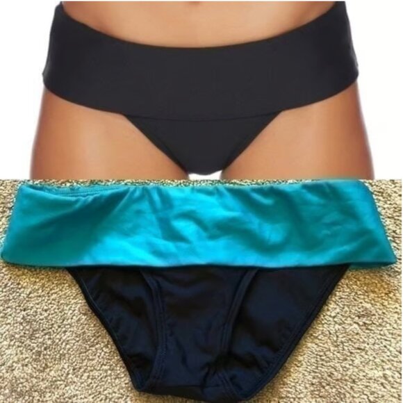 NEW NWT NEXT BY ATHENA Black Turquoise Blue Banded Retro Bikini Bottom Small S - Picture 1 of 9